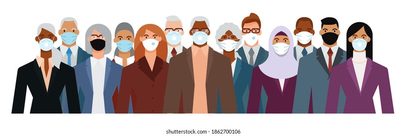 Crowd of diverse business people wearing face mask to protect themselves from the epidemic. Flat design vector illustration.