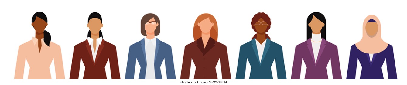 Crowd of diverse business woman in formal suits isolated on white. Flat design vector illustration.