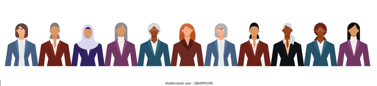 Crowd of diverse business woman in formal suits isolated on white. Flat design vector illustration.