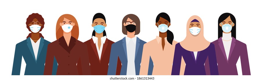 Crowd of diverse business woman wearing face mask to protect themselves from the epidemic. Flat design vector illustration.