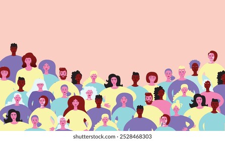 Crowd of diverse imperfect people, flat vector stock illustration with people with different age, gender, ethnic group as a copy space template or backdrop for design
