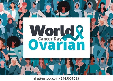 Crowd diverse modern women with teal color clothes to raise awareness. World Ovarian Cancer Day. The banner is white and square, and it reads World Ovarian Cancer Day. Seamless pattern. 