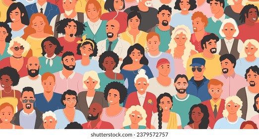 Crowd of diverse multinational male and female people heads looking up showing different facial emotion seamless pattern vector illustration