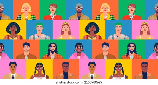 Crowd of diverse people cartoon character group seamless pattern illustration in colorful 90s style backgrounds. Modern team of different young men and women background.
