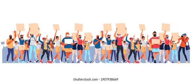 Crowd of diverse people at a demonstration. An angry men and women protest, holding placards. A protester is an aggressive person at a political rally, parade, or rally. Vector flat illustration