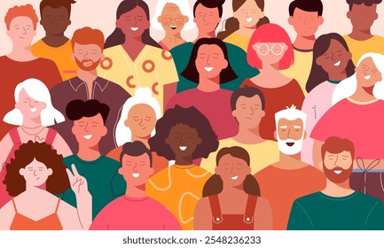 crowd of diverse people of different colours, heights, ages. Vector illustration