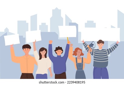 Crowd of diverse people holding signs and protesting together on demonstration. vector flat illustration. Angry man and woman protest hold megaphone and placard.