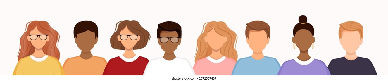 Crowd Of Diverse People Isolated On A White Background. Group Of Men And Women Stand In A Row. Social Diversity. Vector Illustration In A Flat Style. No Face.