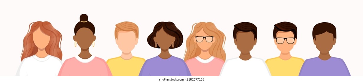 Crowd Of Diverse People Isolated On A White Background. Group Of Men And Women Stand In A Row. Social Diversity. Vector Illustration In A Flat Style. No Face.