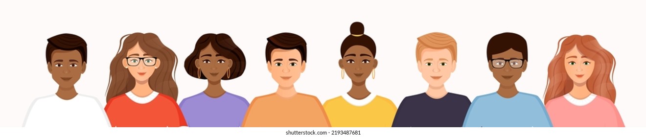 Crowd of diverse people isolated on a white background. Group of men and women stand in a row. Social diversity. Vector illustration in a flat style.