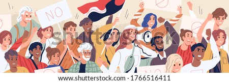 Crowd of diverse people on demonstration vector flat illustration. Angry man and woman protest hold megaphone and placard. Protesting aggressive person at political meeting, parade or rally