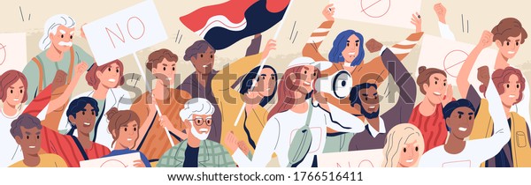 Crowd of diverse people on demonstration vector\
flat illustration. Angry man and woman protest hold megaphone and\
placard. Protesting aggressive person at political meeting, parade\
or rally