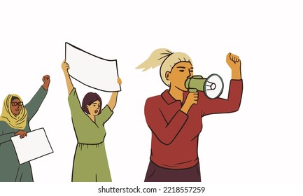 Crowd of diverse people on political meeting. Angry man and woman protest hold megaphone and posters. Protesting aggressive person at demonstration, parade or rally. Vector flat illustration