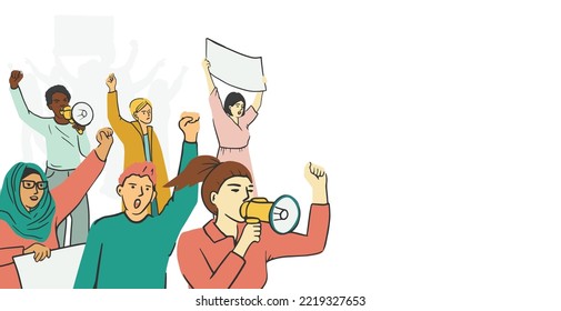 Crowd of diverse people on political meeting. Angry man and woman protest hold megaphone and posters. Protesting aggressive person at demonstration, parade or rally. Vector flat illustration