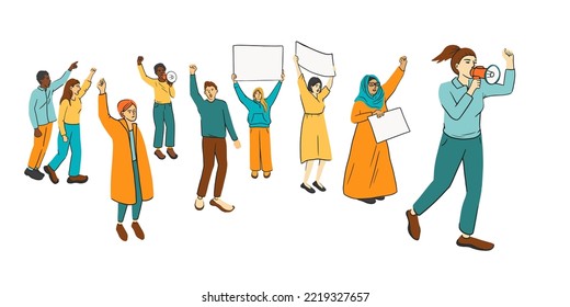 Crowd of diverse people on political meeting. Angry man and woman protest hold megaphone and posters. Protesting aggressive person at demonstration, parade or rally. Vector flat illustration