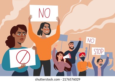 Crowd of diverse people at the protest. Protesting activists with posters and loudspeakers vector flat illustration