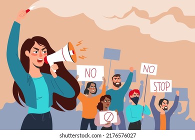 Crowd of diverse people at the protest. Woman with a megaphone and a flare supporting protests against the backdrop of angry activists with posters. Vector flat illustration