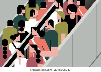 Crowd of diverse people riding escalators in a busy urban transit hub, symbolizing daily commuting, city life, movement, and modern public transportation