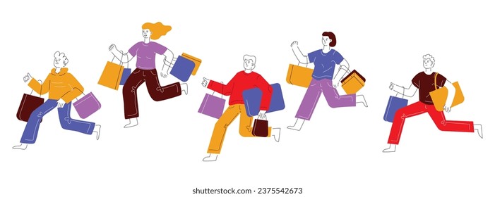 A crowd of diverse people are running with purchases, a symbol of the big seasonal sale, Black Friday. Hand-drawn vector illustration.