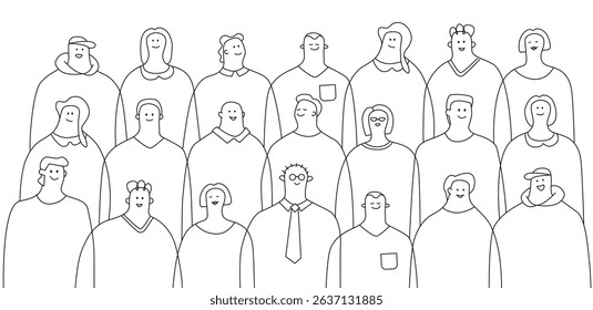 A crowd of diverse people in several rows. The illustration is in a linear minimalistic style. The concept of community, society, unity and partnership.