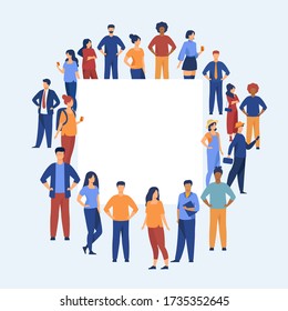 Crowd of diverse people standing together around empty banner. Blank poster, placard, copy space. Vector illustration for multicultural community, population, society concept