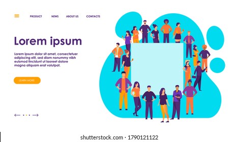 Crowd of diverse people standing together around empty banner. Blank poster, placard, copy space. Vector illustration for multicultural community, population, society concept