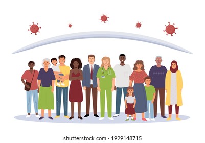 A Crowd Of Diverse People Under A Dome That Protects Against The Virus, A Symbol Of Herd Immunity. Flat Vector Illustration.