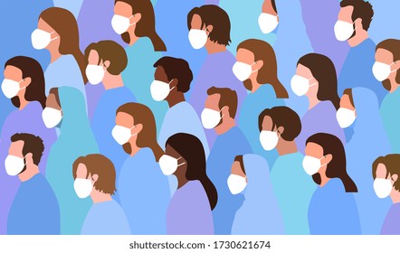 Crowd of diverse people wearing face masks as protection against the Covid-19 pandemic all facing to the left of the frame, colored vector illustration