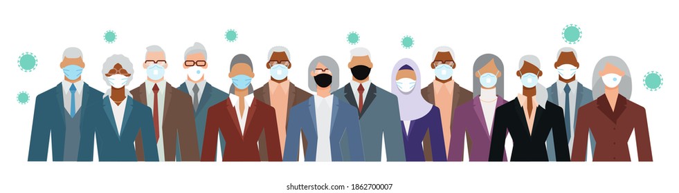 Crowd of diverse senior age business people wearing face mask to protect themselves from the epidemic. Flat design vector illustration.