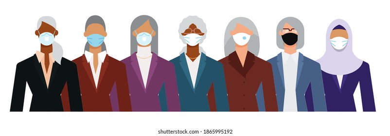 Crowd of diverse senior age business woman wearing face mask to protect themselves from the epidemic. Flat design vector illustration.