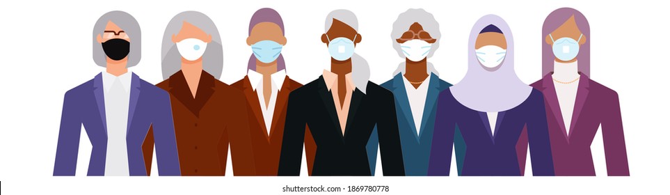 Crowd of diverse senior age business woman wearing face mask to protect themselves from the epidemic. Flat design vector illustration.