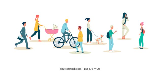 Crowd of diverse urban people walking down street, hurrying to work and riding bicycle, flat vector illustration isolated on background. Men and women cartoon characters.