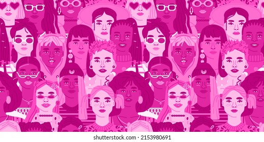 Crowd Of Diverse Woman People Cartoon Character Seamless Pattern Illustration. Multi Cultural All Girl Background In Pink Color For Female Only Event, Womens Day Or Breast Cancer Support Design.