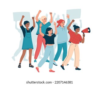 Crowd of diverse women on demonstration. Angry females on parade, picket or strike. Activists girls, peaceful rights protest concept, manifestation. Isolated flat vector illustration