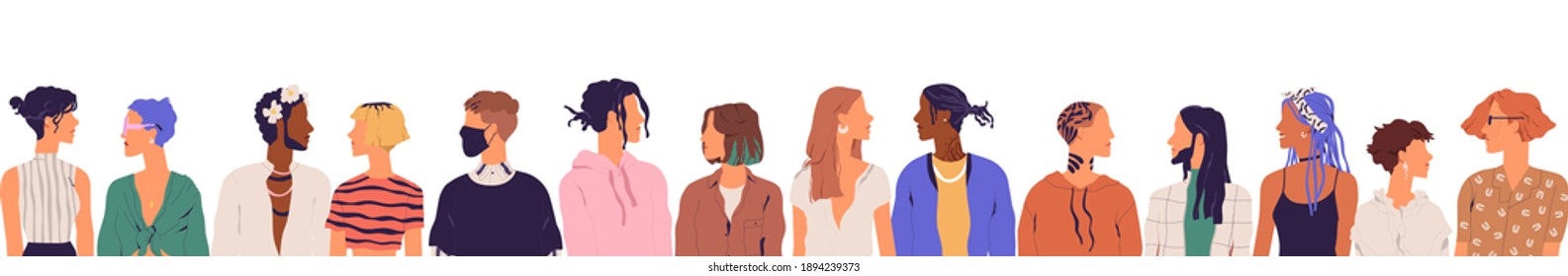 Crowd of diverse young modern people isolated on white background. Group of contemporary trendy men and women of different race and appearance. Multicultural society. Colored flat vector illustration