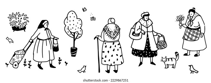 Crowd of elderly people. Black and white simple illustration. Grandmothers. Time outside.