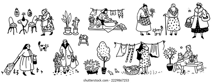 Crowd of elderly people. Black and white simple illustration. Grandmothers. Time outside.
