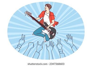 Crowd enjoying concert of male artist. Man performer playing guitar on stage for audience. Flat vector illustration.