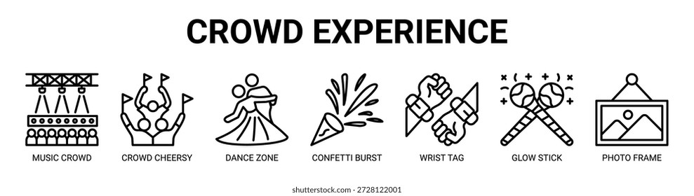 Crowd Erleben Sie Web-Banner-Symbol Vektorgrafik-Konzept mit Symbol der Musik-Menge, Menge fröhlich, Tanzzone, Konfetti Burst, Handgelenk-Tag, Glühstift, Fotorahmen.