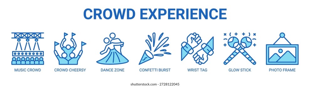 Crowd Erleben Sie Web-Banner-Symbol Vektorgrafik-Konzept mit Symbol der Musik-Menge, Menge fröhlich, Tanzzone, Konfetti Burst, Handgelenk-Tag, Glühstift, Fotorahmen.