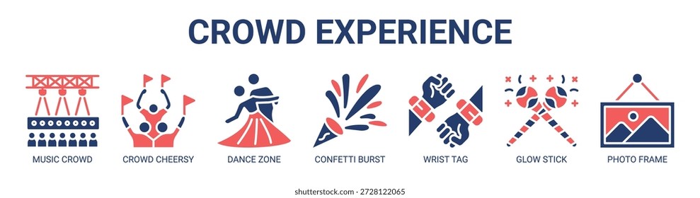 Crowd Erleben Sie Web-Banner-Symbol Vektorgrafik-Konzept mit Symbol der Musik-Menge, Menge fröhlich, Tanzzone, Konfetti Burst, Handgelenk-Tag, Glühstift, Fotorahmen.