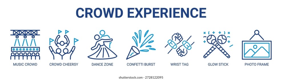 Crowd Erleben Sie Web-Banner-Symbol Vektorgrafik-Konzept mit Symbol der Musik-Menge, Menge fröhlich, Tanzzone, Konfetti Burst, Handgelenk-Tag, Glühstift, Fotorahmen.