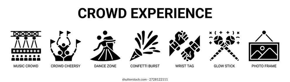 Crowd Experience web banner ícone vetor ilustração conceito com ícone de multidão de música, alegria da multidão, zona de dança, estouro de confete, tag de pulso, glow stick, moldura de foto.