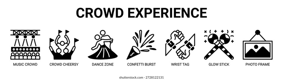Crowd Erleben Sie Web-Banner-Symbol Vektorgrafik-Konzept mit Symbol der Musik-Menge, Menge fröhlich, Tanzzone, Konfetti Burst, Handgelenk-Tag, Glühstift, Fotorahmen.