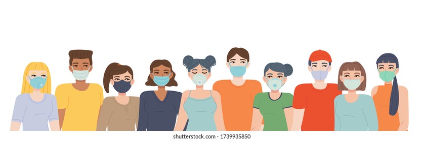 Crowd in face mask. Set of different face mask types. Pandemic covid-19, quarantine, health, respiratory protection concept. Stock vector illustration in flat cartoon style isolated on white