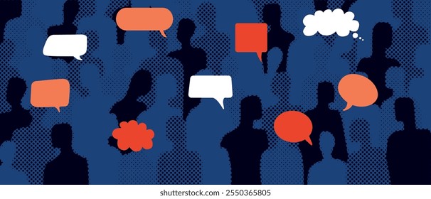 A crowd of faceless people, represented as silhouettes, with various speech bubbles above their heads. A symbol of communication, interaction, the power of the crowd, different opinions.