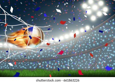Crowd of fan in football stadium at night time with spotlight backdrop and Chile soccer fire ball hit net of goal. This design for template, banner for soccer match result in vector illustration