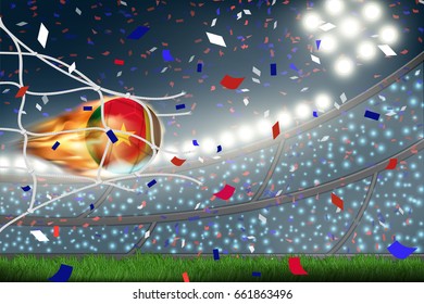 Crowd of fan in football stadium at night time with spotlight backdrop and Cameroon soccer fire ball hit net of goal. This design for template, banner for soccer match result in vector illustration