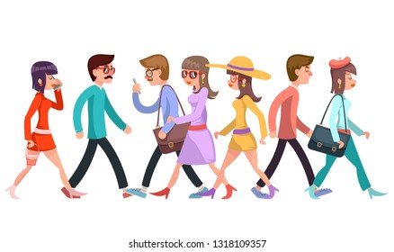 Crowd of fashionable walking young people characters walk cartoon flat design design vector illustration