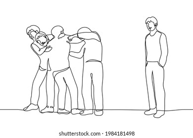 crowd of fighting men - one line drawing. enraged bunch of men pushing each other and a man is standing next to him with a smile